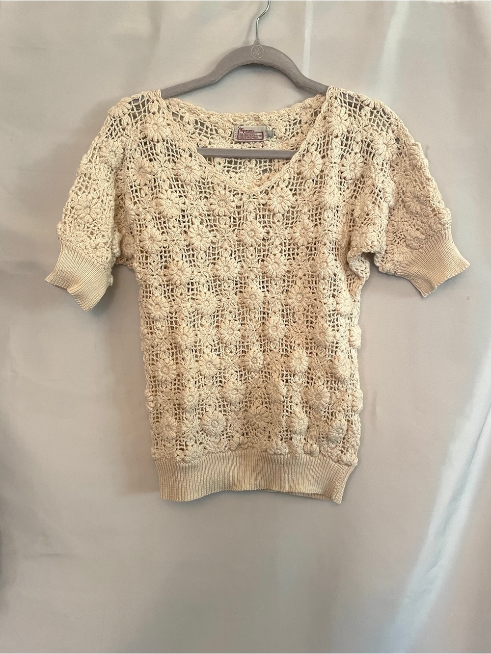Vintage Cream Floral Crochet Short Sleeve Sweater Boho Grandmacore Farmcore